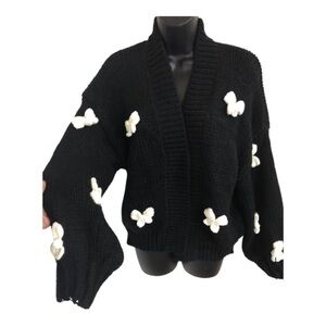 Black and White Crochet bow‎ open front crochet style cardigan One Size new